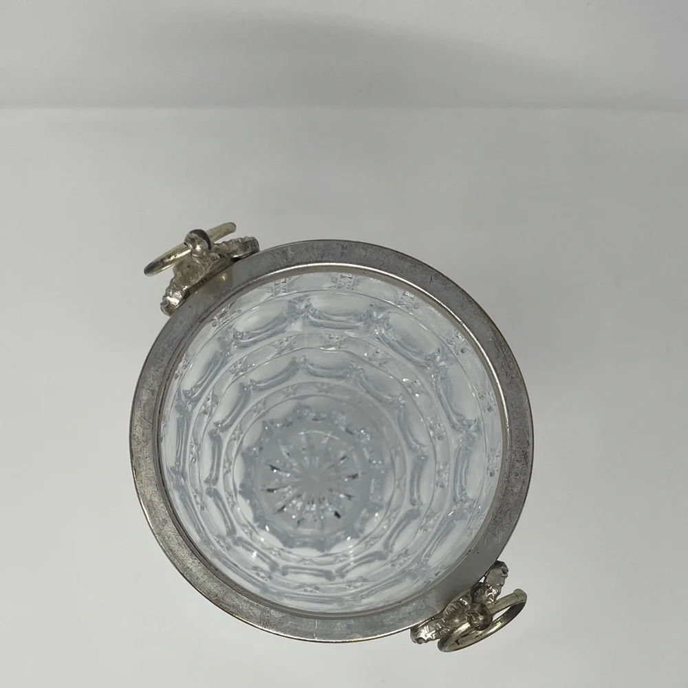 Glass champagne bucket. Oval & cross hatch detail with guilt metal ram handle